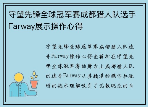 守望先锋全球冠军赛成都猎人队选手Farway展示操作心得