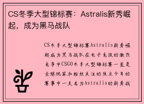 CS冬季大型锦标赛：Astralis新秀崛起，成为黑马战队