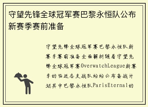 守望先锋全球冠军赛巴黎永恒队公布新赛季赛前准备